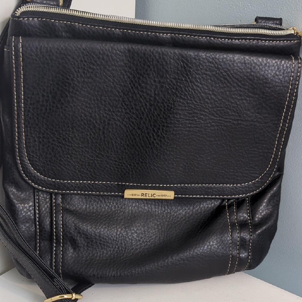 Relic By Fossil Black Pebbled Vegan Faux Leather Crossbody with Gold Accent